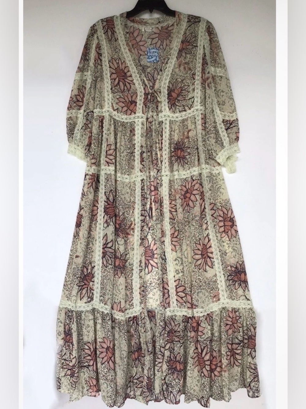 Free People Grassland Lace Inset Open Front Romantic Kimono Duster Jacket